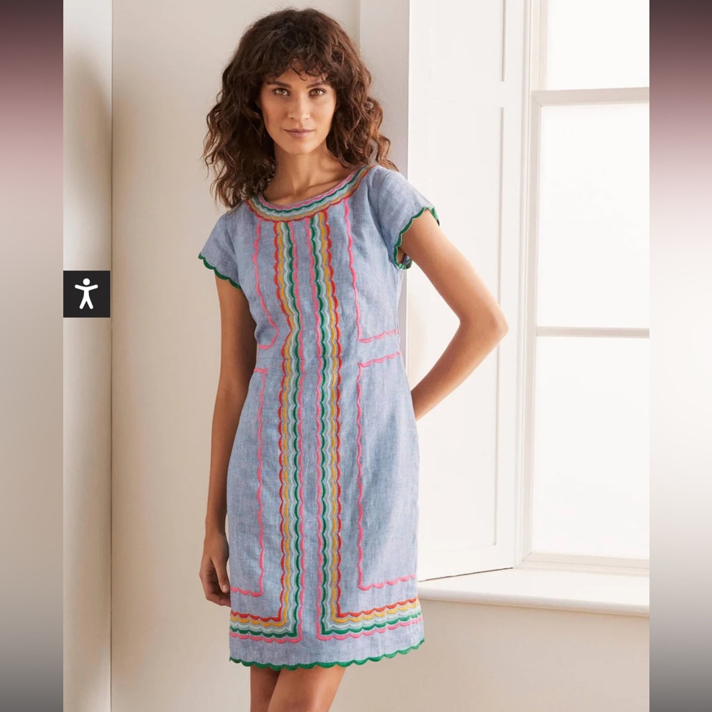 Boden Embroidered chambray Dress with stitched rainbow and scalloped details